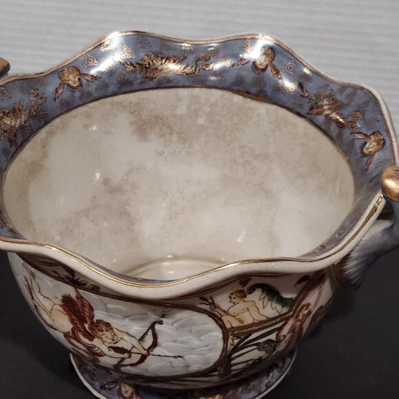 Vintage Cache Pot Hand Painted Italian Style Bowl Large Earthenware w/Cherubs - Picture 5 of 7